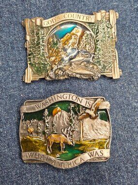 Lot of 2 - 1980s Bergamot Vintage God's Country & Washington Enamel Belt Buckles